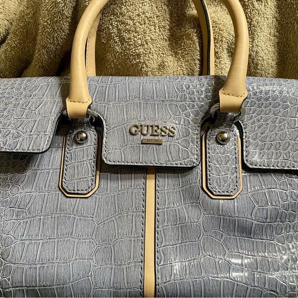 GUESS Croc-Embossed Satchel in Blue and Cream - Picture 2 of 4